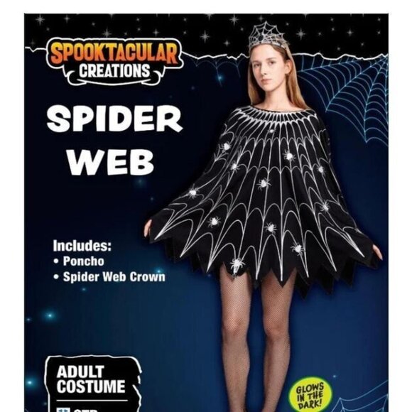 Spooktacular Creations Women Spider Web Dress Poncho Costume & Crown Black NEW - Picture 4 of 7